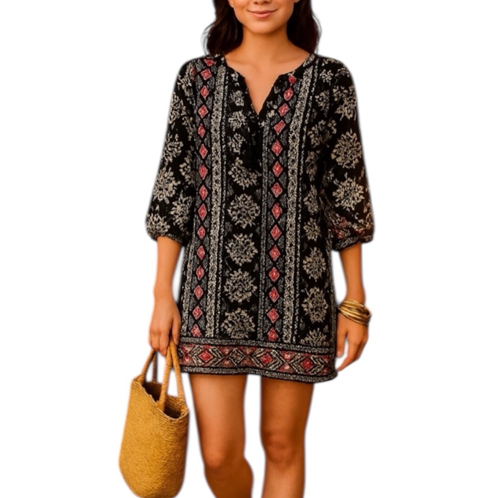 ANTHROPOLOGIE DRESS TOLANI EMBROIDERED COTTON SHIFT BLACK WHITE RED MEDIUM M